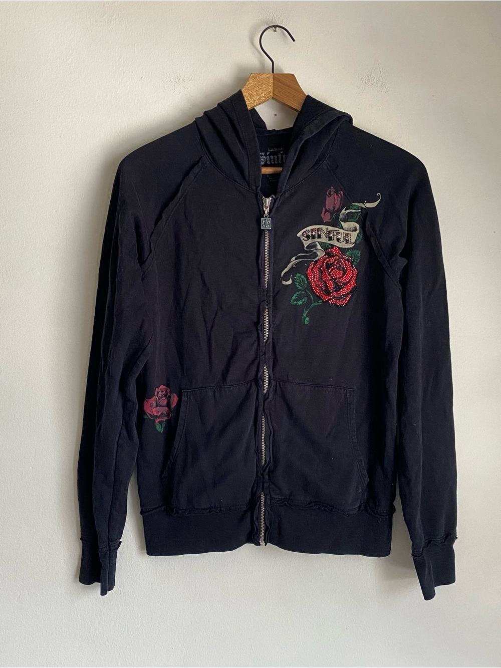 Black Zip Hoodie with Red Rose Embroidery